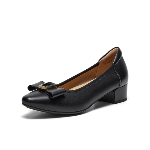 Bata浅口单鞋女2025春商场新款羊皮粗跟通勤蝴蝶结单鞋6296DAQ5