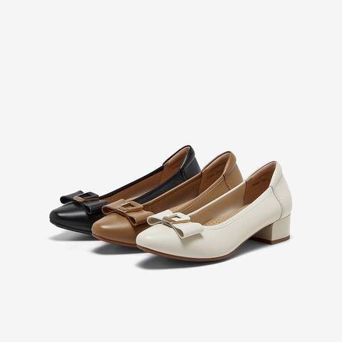 Bata浅口单鞋女2025春商场新款羊皮粗跟通勤蝴蝶结单鞋6296DAQ5