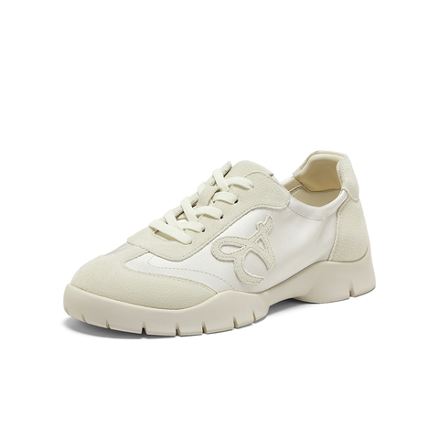 Bata休闲鞋女2025春商场新款百搭牛剖皮厚底鱼骨运动单鞋TH022AM5