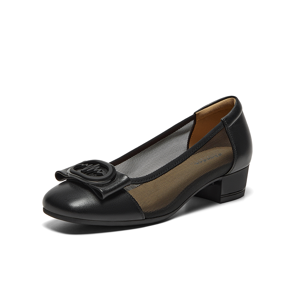 Bata浅口单鞋女2025夏季新款通勤粗跟羊皮透气优雅奶奶鞋88161BQ5