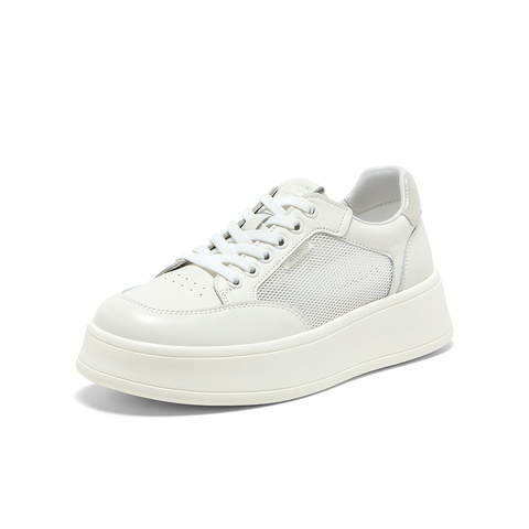 Bata小白鞋女2025夏季商场新款牛皮厚底透气休闲运动板鞋UNA07BM5