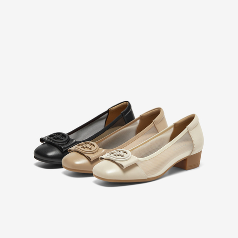 Bata浅口单鞋女2025夏季新款通勤粗跟牛皮透气优雅奶奶鞋88161BQ5