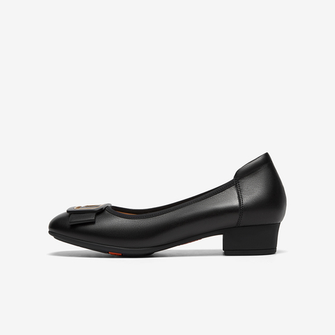 Bata浅口单鞋女2025春商场新款羊皮粗跟通勤方扣软底单鞋AOX12AQ5