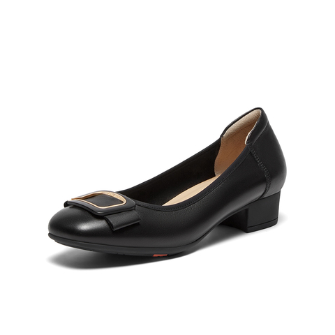 Bata浅口单鞋女2025春商场新款羊皮粗跟通勤方扣软底单鞋AOX12AQ5