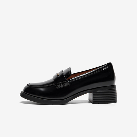 Bata乐福鞋女2025秋商场新款复古英伦风牛皮通勤粗跟单鞋UHW05CA5