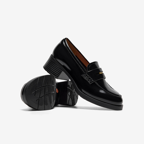 Bata乐福鞋女2025秋商场新款复古英伦风牛皮通勤粗跟单鞋UHW05CA5