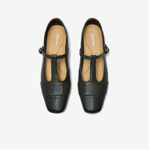 Bata玛丽珍女2025秋季商场新款牛皮复古软底通勤丁字单鞋56011CQ5