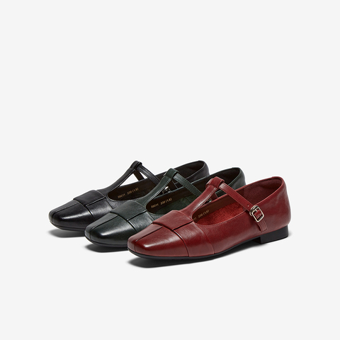 Bata玛丽珍女2025秋季商场新款牛皮复古软底通勤丁字单鞋56011CQ5