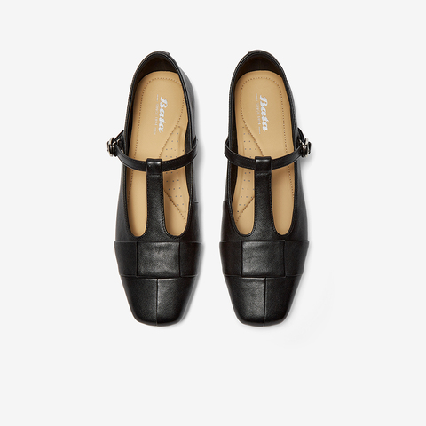Bata玛丽珍女2025秋季商场新款牛皮复古软底通勤丁字单鞋56011CQ5