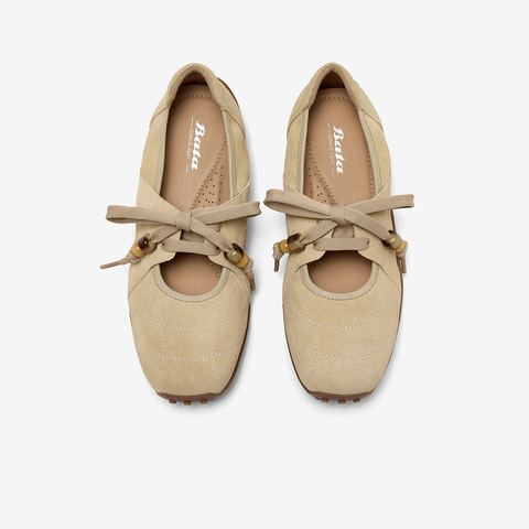 Bata休闲玛丽珍2025秋季商场新款牛剖皮浅口豆豆底单鞋ABI01CQ5