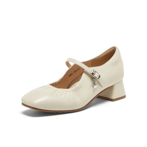 Bata玛丽珍女202秋季商场新款羊皮法式通勤百搭粗跟浅口鞋68862CQ5