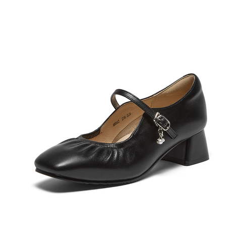 Bata玛丽珍女202秋季商场新款羊皮法式通勤百搭粗跟浅口鞋68862CQ5
