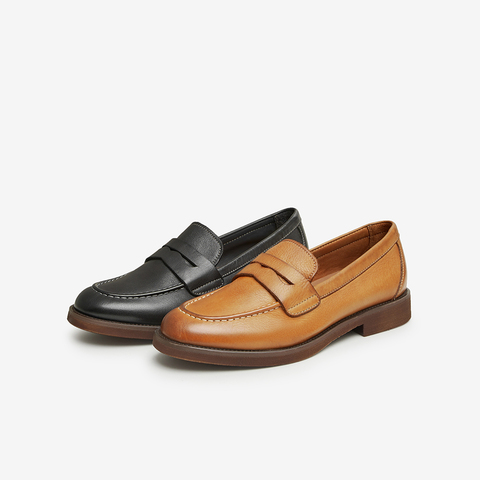 Bata乐福鞋女2025秋商场新款牛皮英伦风复古粗跟一脚蹬ATA30CA5