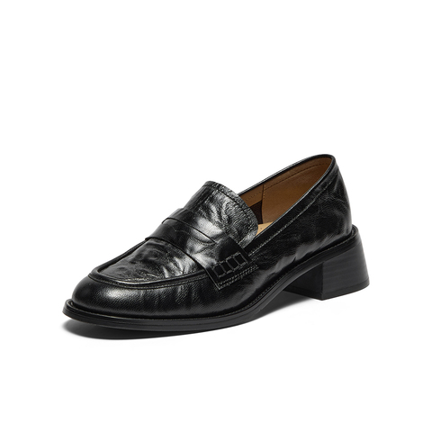 Bata乐福鞋女2025秋羊皮抓纹粗跟舒适英伦通勤一脚蹬单鞋63051CA5