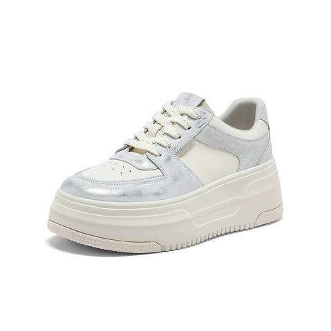 Bata小魔镜女2025秋季新款牛皮通勤休闲厚底擦色小白鞋UEN16CM5