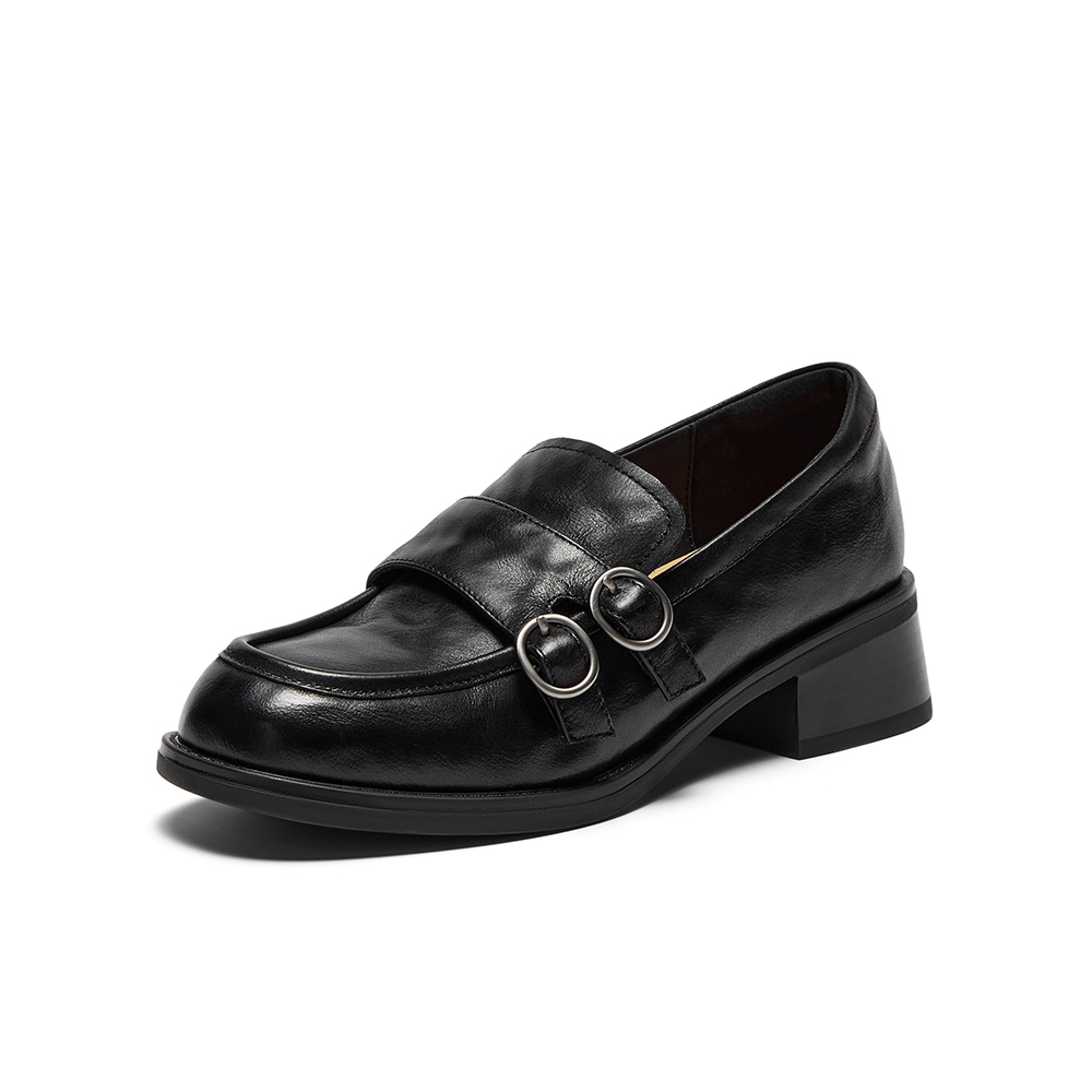 Bata乐福鞋女2025秋季新款复古英伦风牛皮通勤粗跟单鞋51536CA5