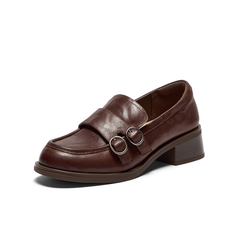 Bata乐福鞋女2025秋季新款复古英伦风牛皮通勤粗跟单鞋51536CA5