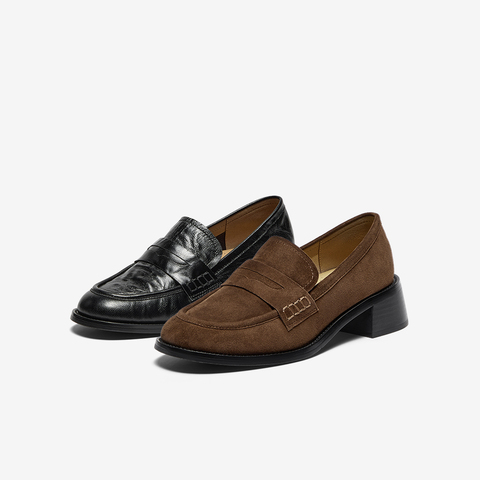 Bata乐福鞋女2025秋羊皮抓纹粗跟舒适英伦通勤一脚蹬单鞋63051CA5