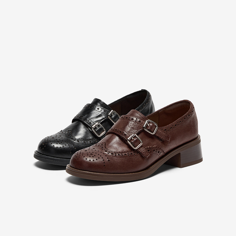 Bata乐福鞋女2025秋季新款复古布洛克牛皮通勤粗跟单鞋51539CM5