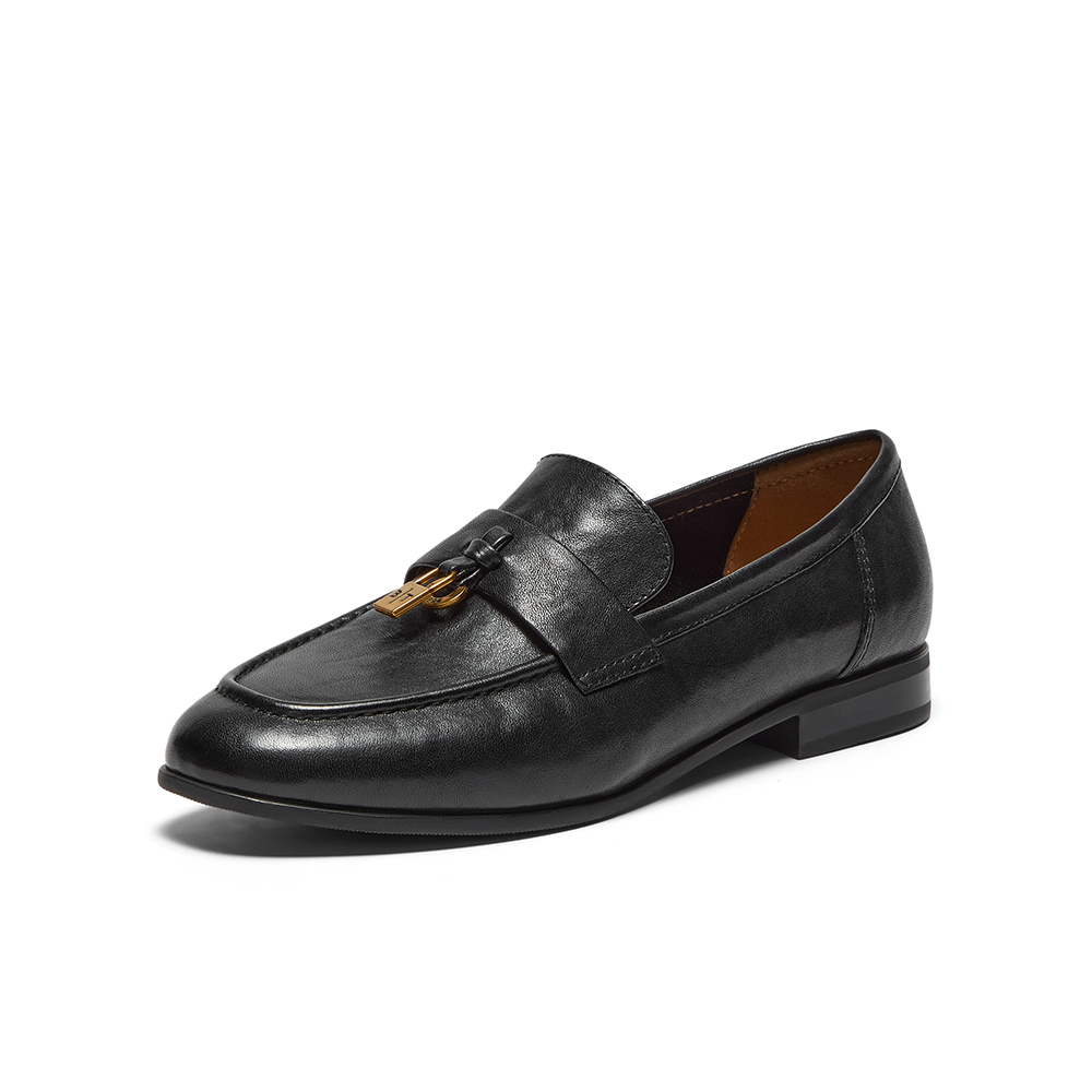 Bata乐福鞋女2025秋季新款复古英伦风牛皮通勤粗跟单鞋23018CA5