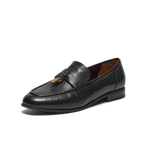 Bata乐福鞋女2025秋季新款复古英伦风牛皮通勤粗跟单鞋23018CA5