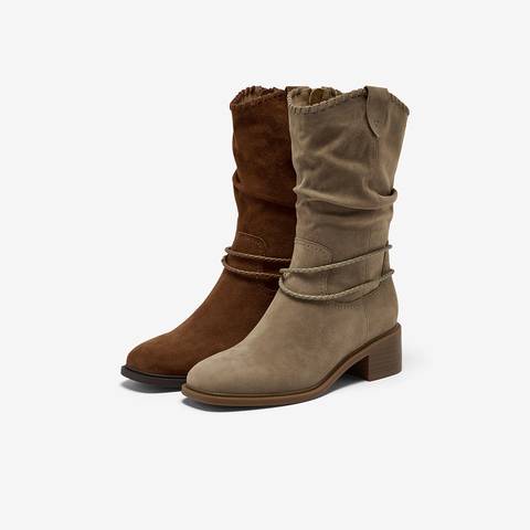 Bata西部靴女2025冬商场新款羊皮百搭复古时尚长筒时装靴ATO47DS5