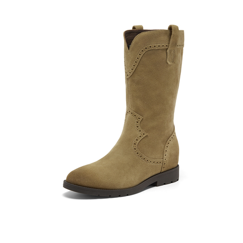 Bata西部靴女2025冬季商场新款牛剖皮复古擦色软底牛仔靴67011DS5