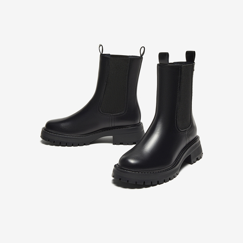 Bata切尔西靴女2025冬季商场新款牛皮英伦粗跟通勤短筒靴WIG26DZ5