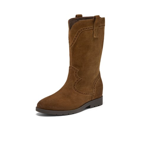 Bata西部靴女2025冬季商场新款牛剖皮复古擦色软底牛仔靴67011DS5