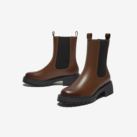 Bata切尔西靴女2025冬季商场新款牛皮英伦粗跟通勤短筒靴WIG26DZ5