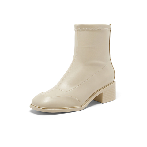 Bata时装靴女2024冬商场新款弹力复古通勤粗跟软底短筒靴ATO43DD4