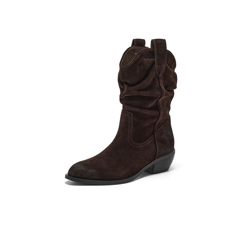 Bata西部靴女2025冬新款牛剖皮百搭复古牛仔时装堆堆靴66182DZ5