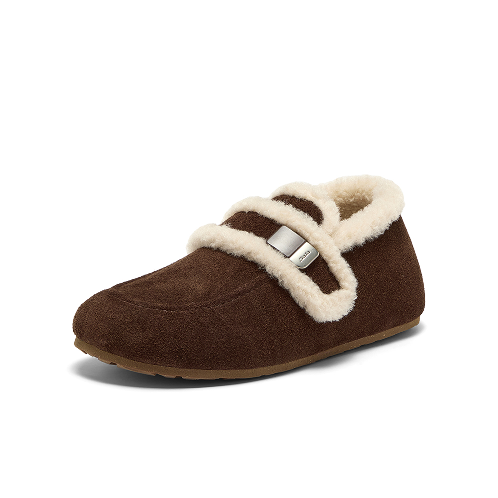 Bata勃肯毛毛鞋女2025秋商场新款英伦牛剖皮通勤保暖单鞋AUH18CM5