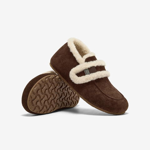 Bata勃肯毛毛鞋女2025秋商场新款英伦牛剖皮通勤保暖单鞋AUH18CM5