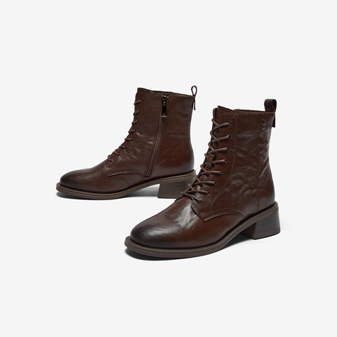 Bata马丁靴女2025冬季商场新款羊皮英伦风复古粗跟短筒靴23803DD5