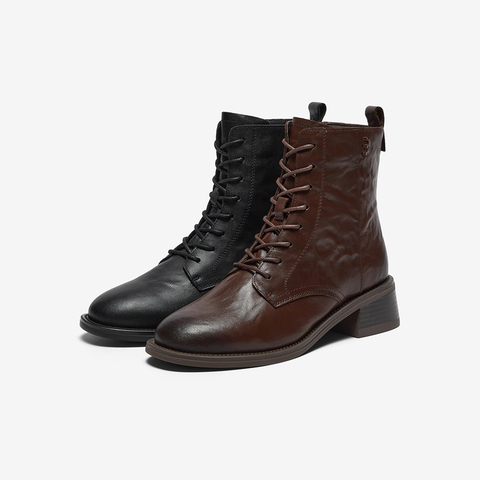 Bata马丁靴女2025冬季商场新款羊皮英伦风复古粗跟短筒靴23803DD5