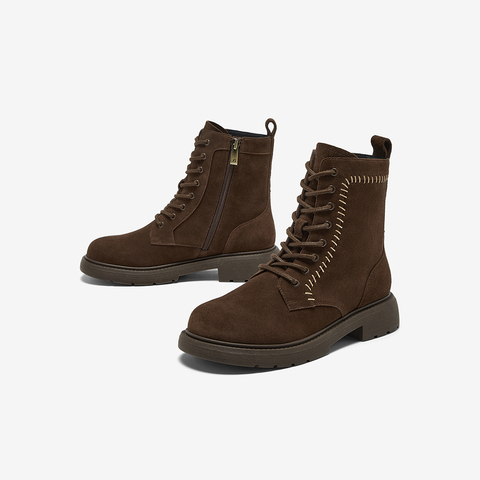 Bata英伦马丁靴女2025冬新款牛剖皮粗跟绒面百搭短筒靴AD745DD5