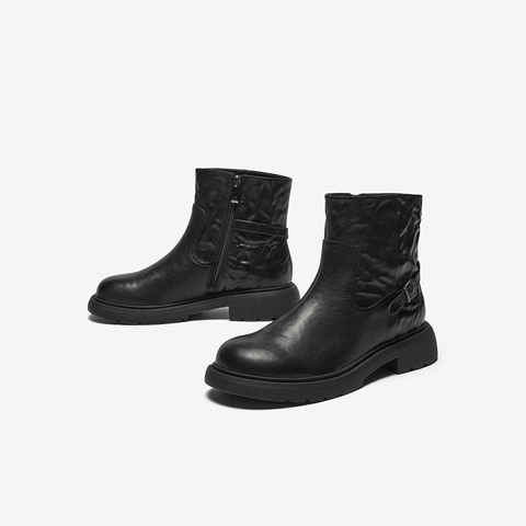 Bata时装靴女2025冬季商场新款粗跟百搭羊皮通勤短筒靴AD740DD5