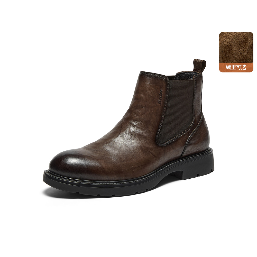 Bata切尔西靴男2025冬季商场新款英伦风牛皮粗跟短筒靴29692DD5