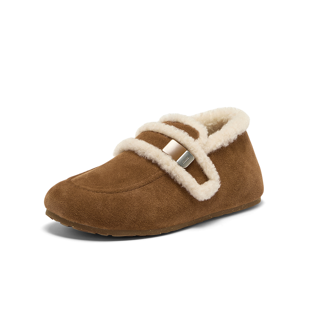 Bata勃肯毛毛鞋女2025秋商场新款英伦牛剖皮通勤保暖单鞋AUH18CM5