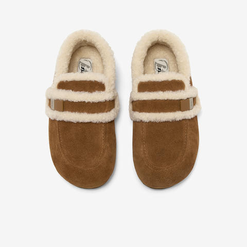 Bata勃肯毛毛鞋女2025秋商场新款英伦牛剖皮通勤保暖单鞋AUH18CM5