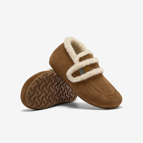 Bata勃肯毛毛鞋女2025秋商场新款英伦牛剖皮通勤保暖单鞋AUH18CM5