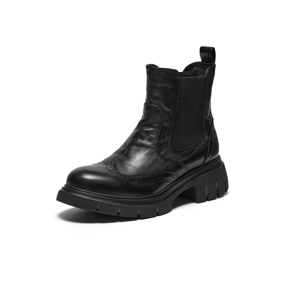 Bata切尔西靴女2025冬商场新款英伦风牛皮粗跟通勤短筒靴UWL04DD5