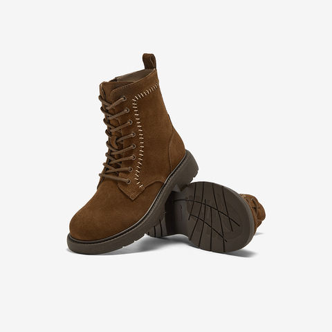 Bata英伦马丁靴女2025冬新款牛剖皮粗跟绒面百搭短筒靴AD745DD5