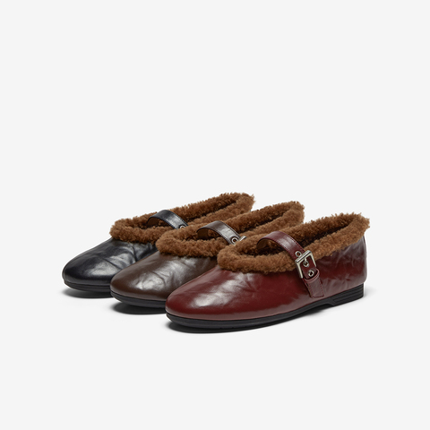 Bata玛丽珍女2025冬商场新款羊皮书通勤柔软毛毛软底单鞋AUO26DQ5