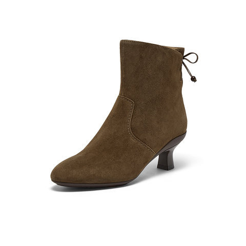 Bata时装靴女2025冬商场新款百搭软底羊皮通勤粗跟短筒靴AIR55DD5