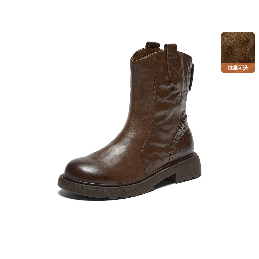 Bata时装靴女2025冬季商场新款百搭羊皮通勤粗跟短筒靴AD743DZ5