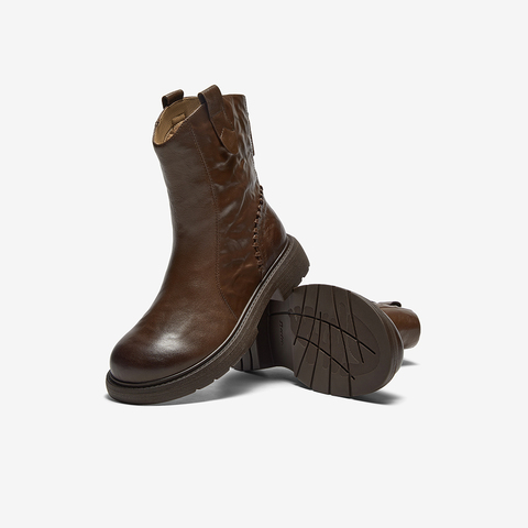 Bata时装靴女2025冬季商场新款百搭羊皮通勤粗跟短筒靴AD743DZ5