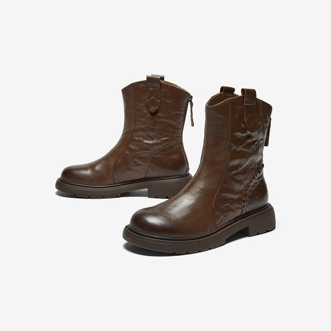 Bata时装靴女2025冬季商场新款百搭羊皮通勤粗跟短筒靴AD743DZ5