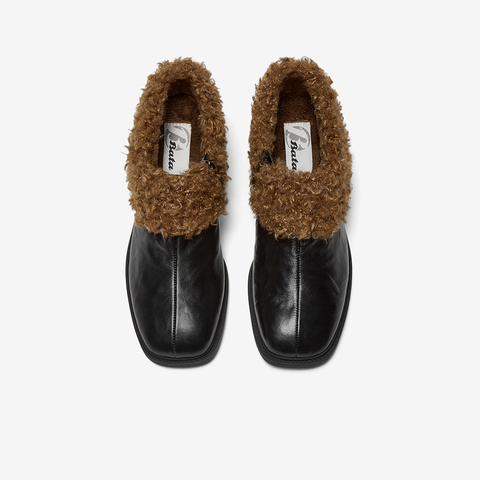 Bata深口鞋女2025冬季商场新款软底复古羊皮粗跟毛毛单鞋ATO15DM5